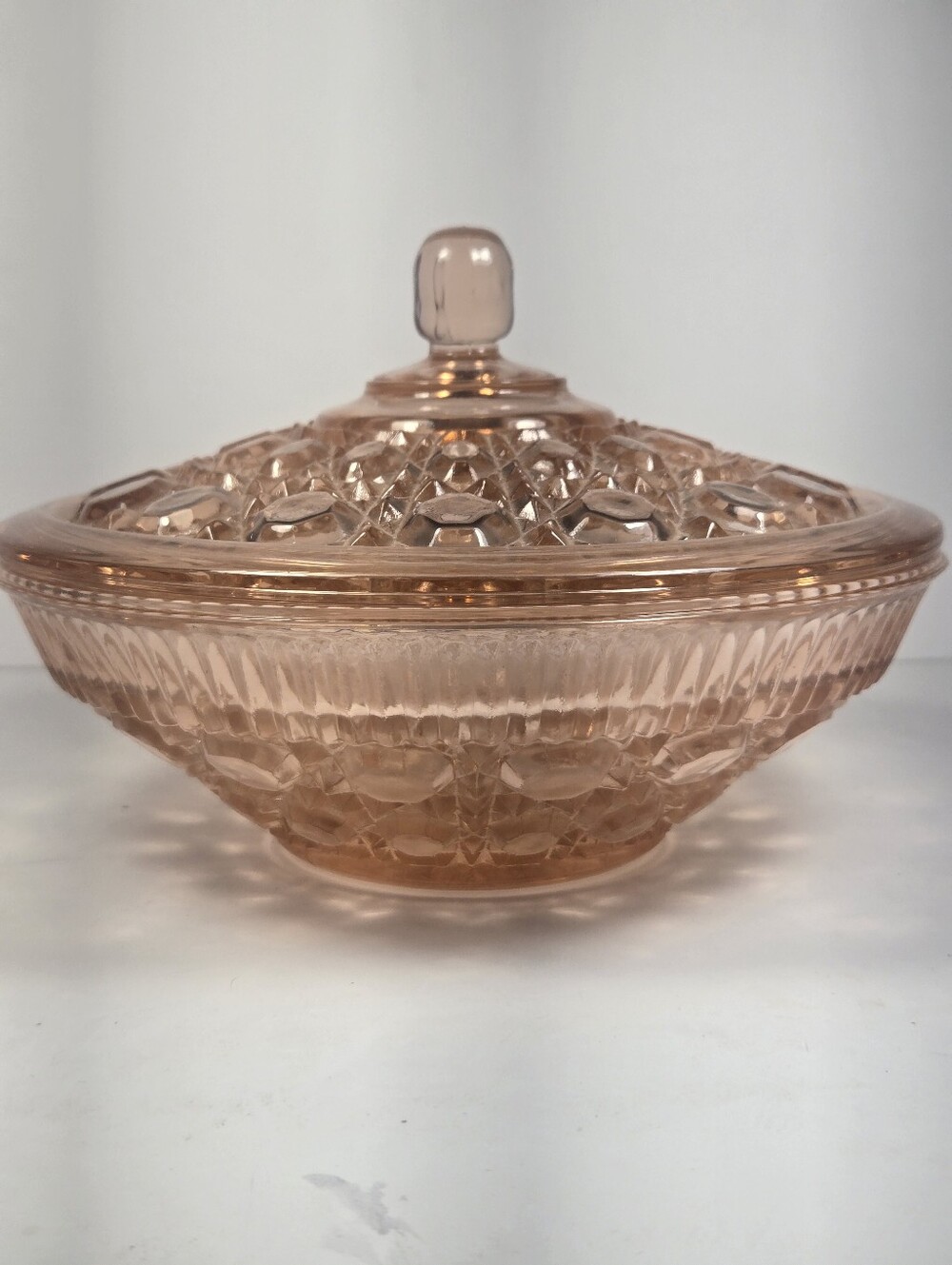 Vintage Indiana Glass Windsor Button And Cane 7.5" Pink Candy Dish With Lid